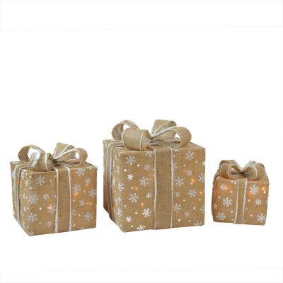 Set of 3 Lighted Natural Snowflake Burlap Gift Boxes Christmas Outdoor Decorations