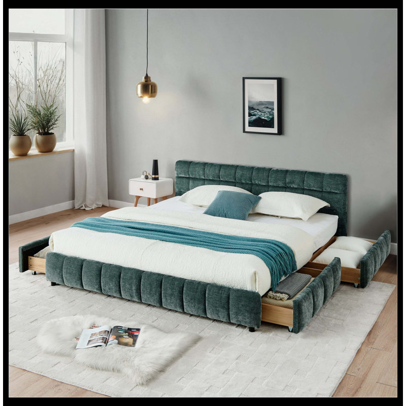 Structure de lit tapissier avec tête de lit et tiroirs de rangement California King Chenille, Bleu et vert