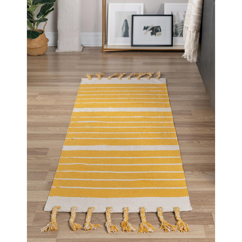 Rectangle Abish Striped Hand Loomed Cotton Area Rug in Navy/White, Runner 2'7" x 12'