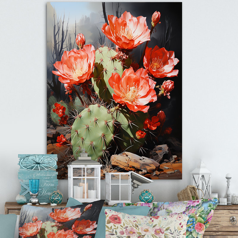Cactus Ruby Blooms - décoration murale cactus, H 40 po x l 30 po x P 1,5 po, Toile tendue
