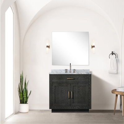 36 In. W Black Oak Bath Vanity With Marble Top And Faucet Included, Soft Close, Wood Plate Cabinet, , Partition