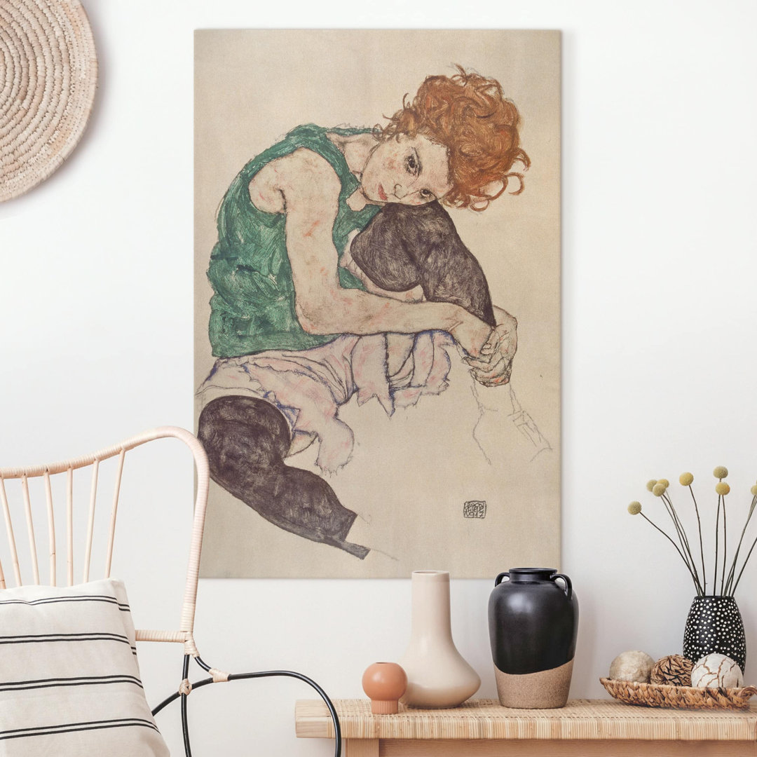 Leinwandbild Sitzende Frau mit Hochgezogenem Knie von Egon Schiele