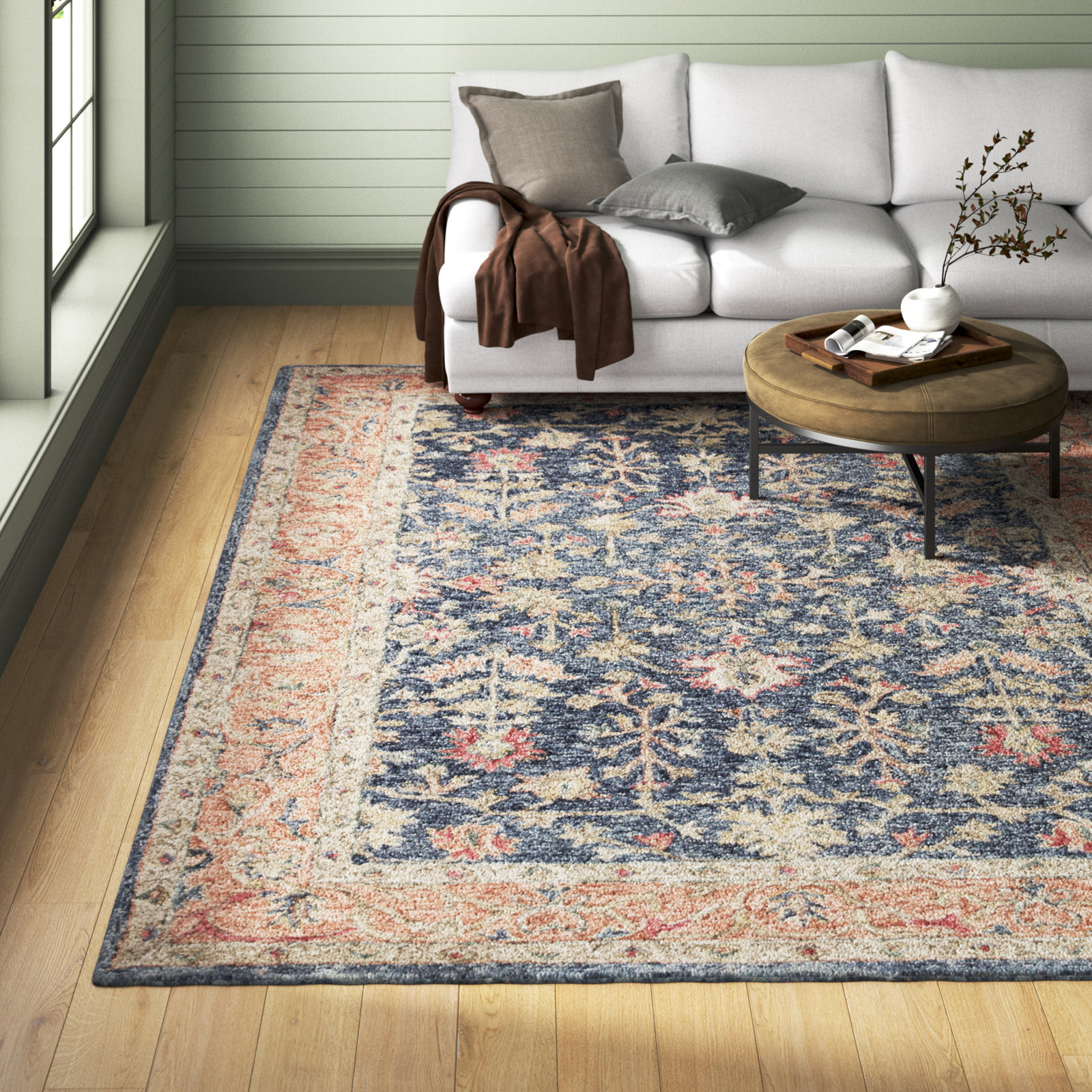 Lindsay Handmade Wool Moonlight Blue/Apricot Orange/Birch Rug, Rectangle 7'10" x 9'10"
