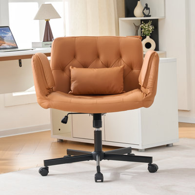 Criss Cross Chair with Armrests, Cross Legged Office Chair with Pillow, PU Leather Task Chair for Living Room, Bedroom, Game Room by 17 Stories