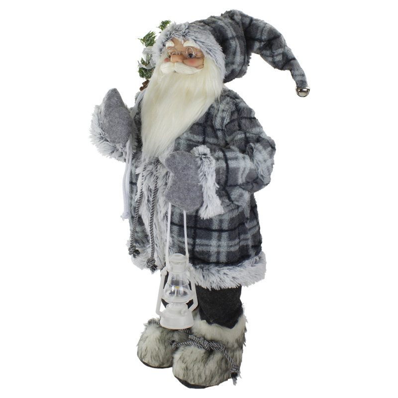 24" Gray Plaid Santa Figurine with Lantern and Faux Fur