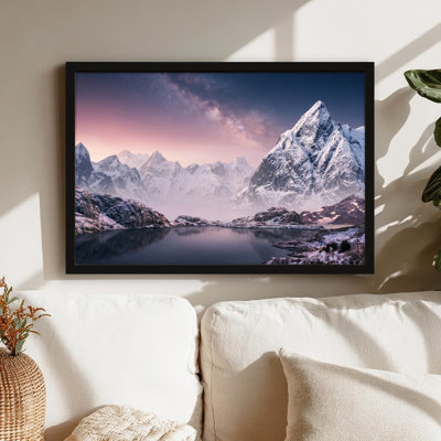 Toile noire encadrée en bois noir pour salon, chambre à coucher, bureau ou vestibule - décoration murale décorative avec lac de montagne