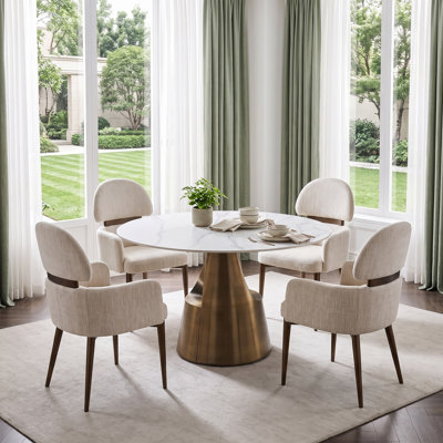 47" Round Sintered Stone Dining Table Set with 4 Cream Upholstered Armchairs