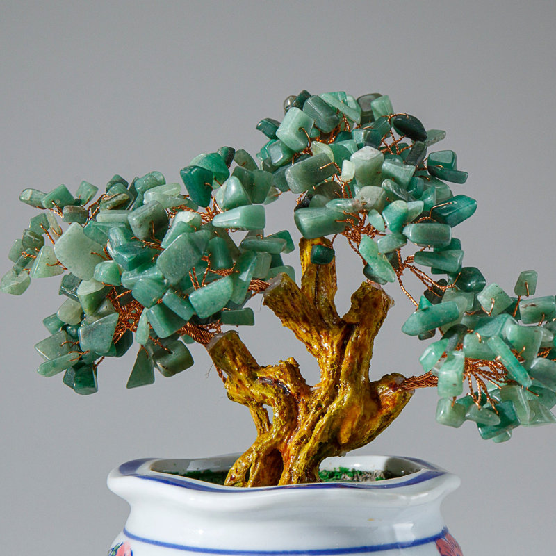 Genuine Green Aventurine Gemstone Bonsai Tree in Round Ceramic Pot (7")