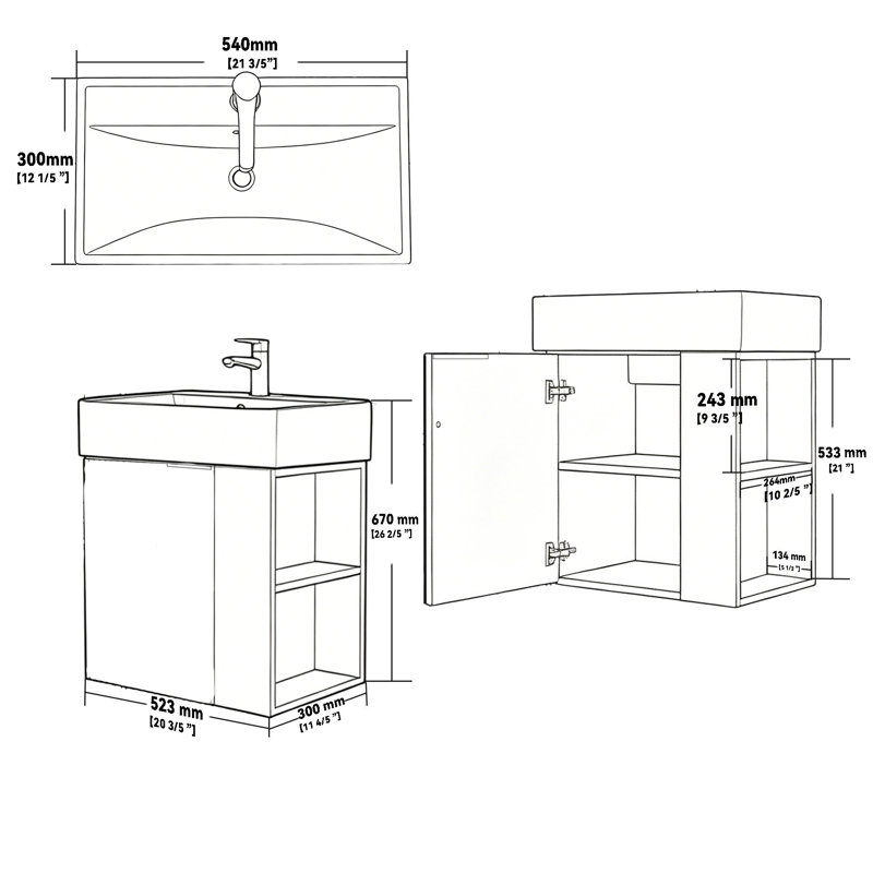 Ensemble de meuble-lavabo mural 21 po avec lavabo et portes à fermeture en douceur pour petites salles de bain, Grey