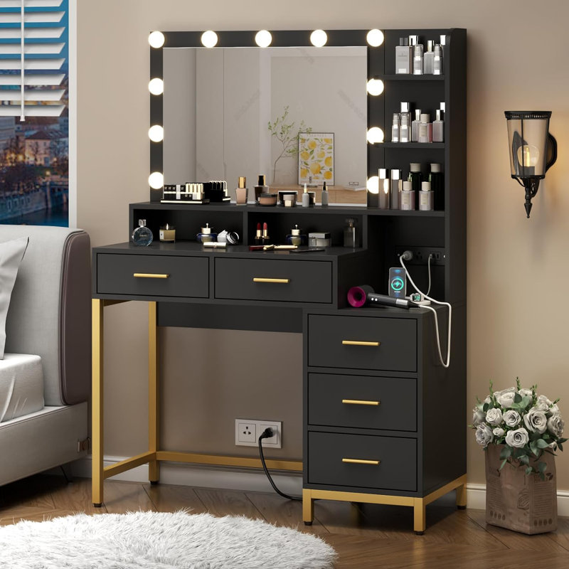 Vanity Desk with Lighted Mirror & Power Outlet, Makeup Table with 5 Drawers, Two Cubby & Shelf, Vanity Dresser with 11 Lights in 3 Lighting Colors for Bathroom, Bedroom,Makeup Room