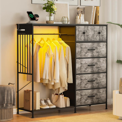 49.2" w Dresser with Hanging Rack & LED Lights, 6-Drawer Closet Organizer with Charging Station