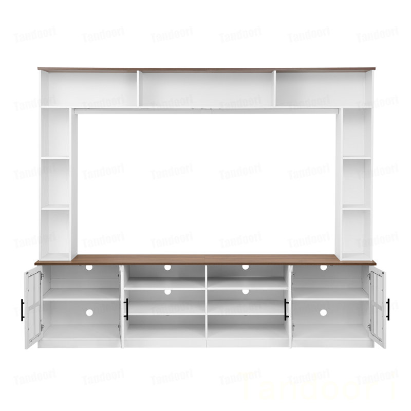 Meuble audio-vidéo mural avec tablettes pour téléviseurs de 80 po ou moins, meuble télé moderne avec armoires, portes en verre trempé et tablettes réglables