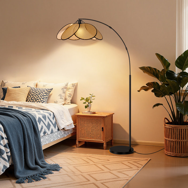 67" Rattan Arched Floor Lamp With Remote Control, Dimmable Bulb Included