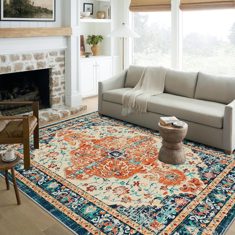 Boho Oriental Area Rug Non-slip Washable Low Pile Carpet, Rectangle 3'× 5', Blue/Orange