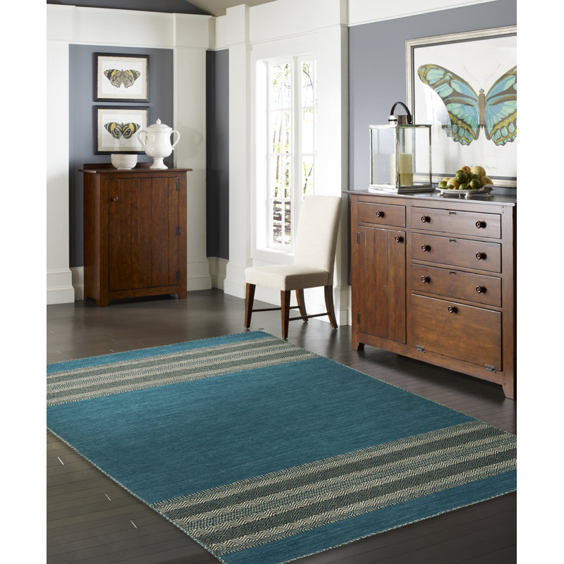 Dolley Cotton Striped Area Rug in Teal, Runner 2'6" x 10'