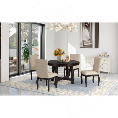 5-Piece Farmhouse Dining Table Set Wood Round Extendable Dining Table And 4 Upholstered Dining Chairs