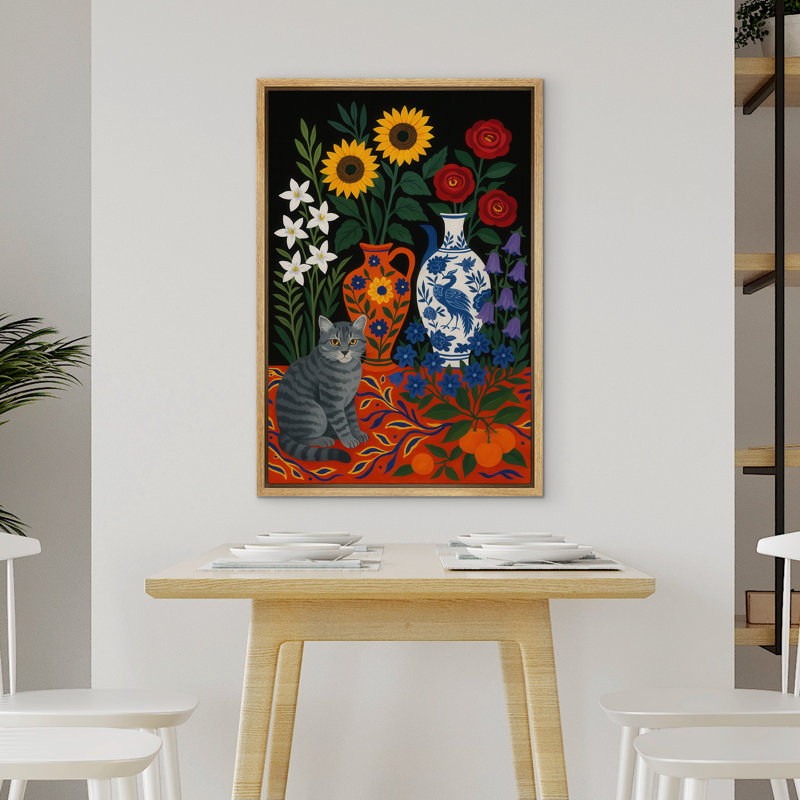 Chat avec des tournesols et des vases à motifs, toile encadrée - Style d'art populaire audacieux pour la salle à manger ou l'espace de vie - Décoration bohème colorée