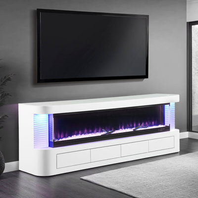 Meuble télé blanc de style contemporain avec foyer électrique et 3 niveaux de luminosité, tiroirs disponibles, en bois d'ingénierie, pin, verre et métal, idéal pour le salon, effet flamme