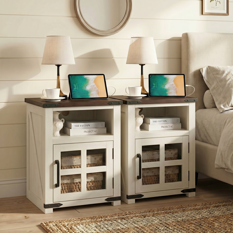 Table de bout 24 po H Farmhouse (ensemble de 2) avec table de chevet rustique, Bois espresso / blanc