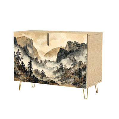 Sideboard Buffet Cabinet with Storage Hyperrealistic Cozy Cabin Forest Scene with 2 Doors for Living Room and Kitchen