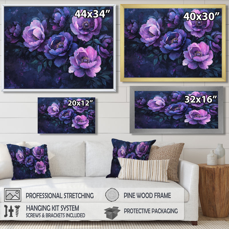 Mauve, pivoines et minuit, art mural III, H 24 po x l 32 po, Toile tendue, Ne s’applique pas