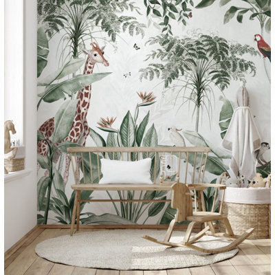 Tropical Giraffe and Parrot Wall Mural | Green Jungle Leaves Kids Wallpaper | Non-Woven or Peel and Stick