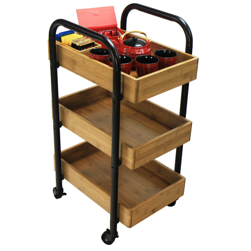 Black and Natural Bamboo 3-Tier Portable Storage Cart