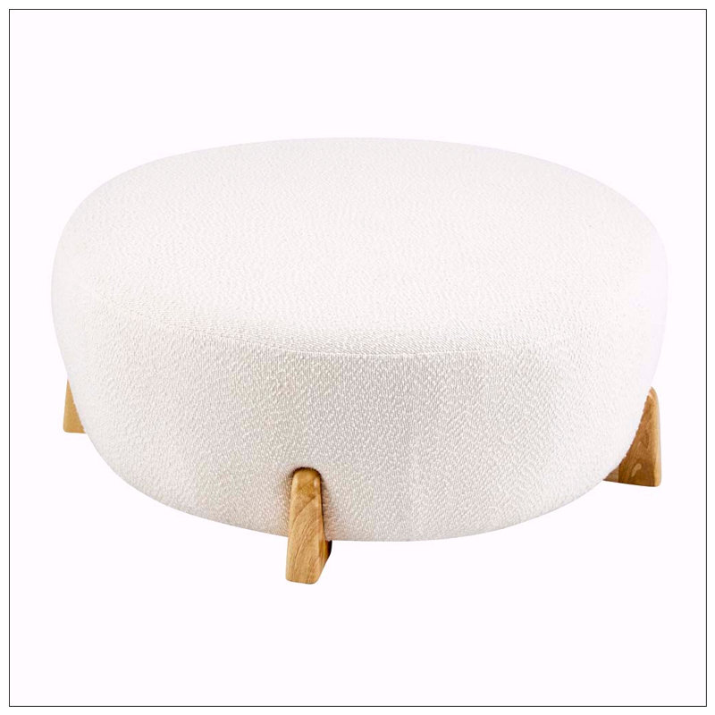Repose-pieds rond avec pieds en bois d'hévéa Boucle, Natural Wood,White