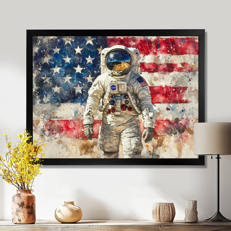 Premier astronault sur la lune avec le drapeau des États-Unis II - impressions encadrées des États-Unis, H 30 po x l 40 po