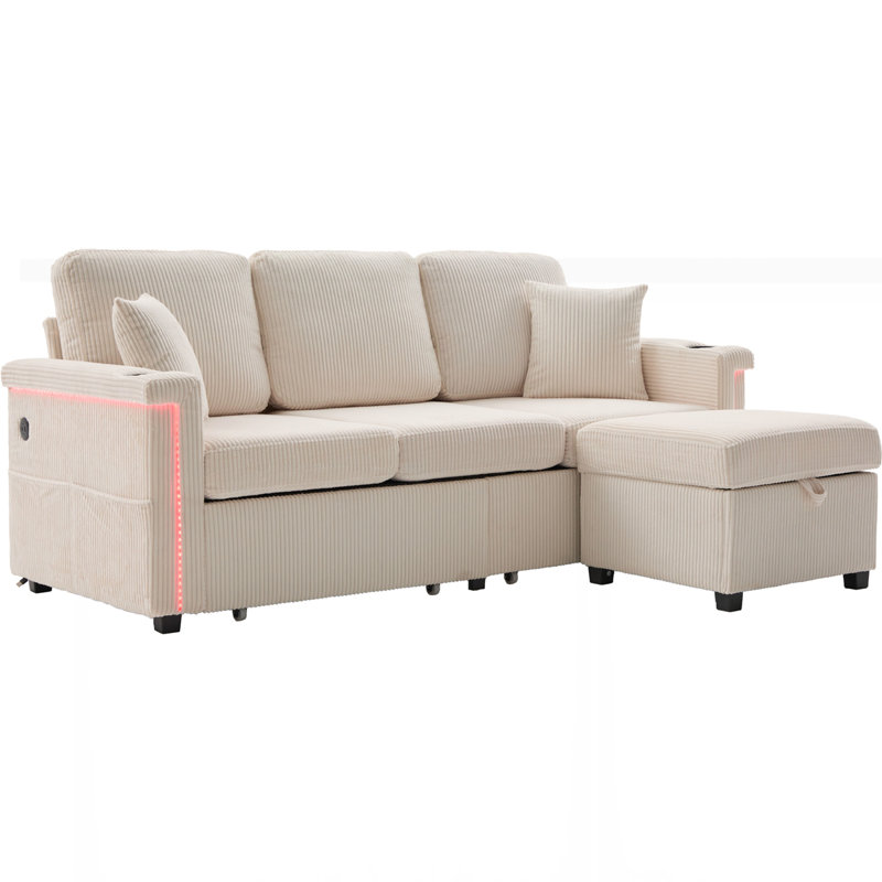 Canapé modulaire en L avec rangement coulissant, repose-pieds et coussins, Beige
