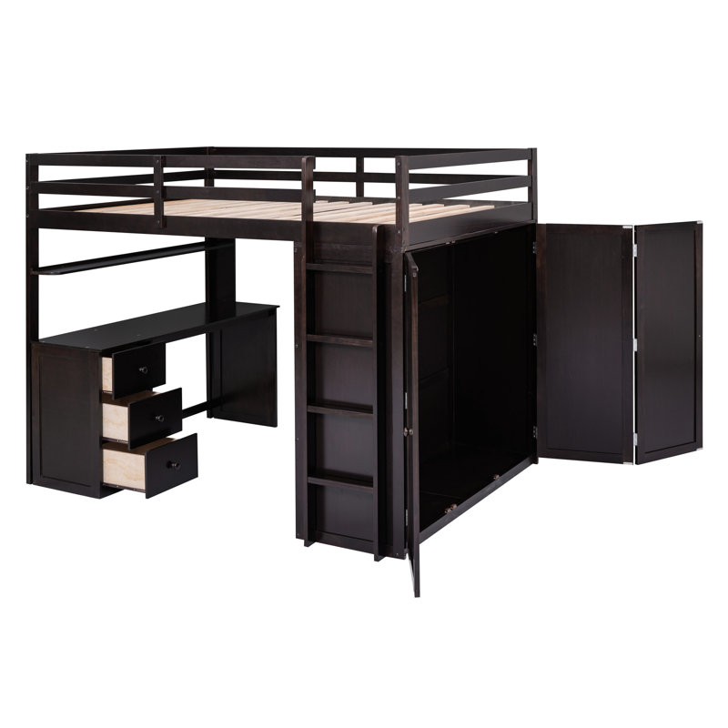Lit mezzanine double avec bureau. Structure en bois massif. Tiroirs et garde-robe pour plus de confort. Gain de place. Armoire de 78,3 po de longueur x 56,7 po de largeur et 65 po de hauteur. Durabilité. Commodité.