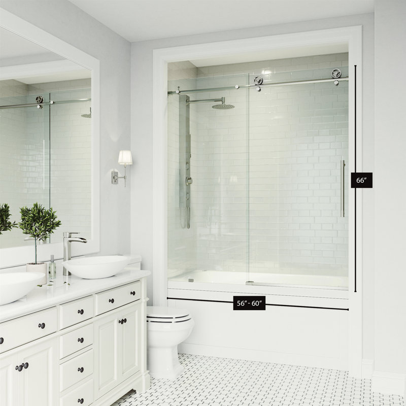 Cass 56-60" W x 66" H Sliding Frameless Tub Door with 3/8" Clear Glass, Stainless Steel