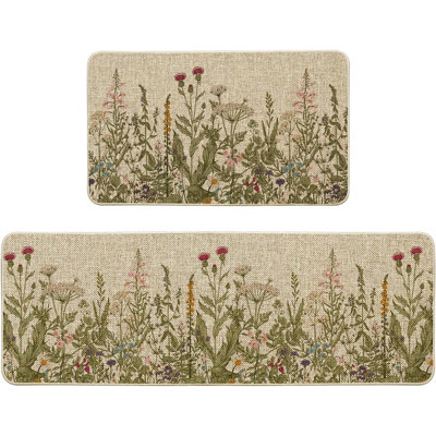 Wildflower Spring Floral Kitchen Mats - Multi - Set Of 2 Low-Profile Floor Rugs, Summer Holiday Party Home Kitchen