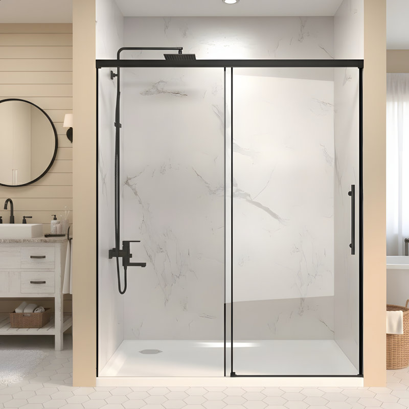60" W × 72" H Single Sliding Shower Door,5mm fixed glass and 6mm sliding glass Frameless , Clear Tempered Glass, Stainless Steel handle,Matte Black