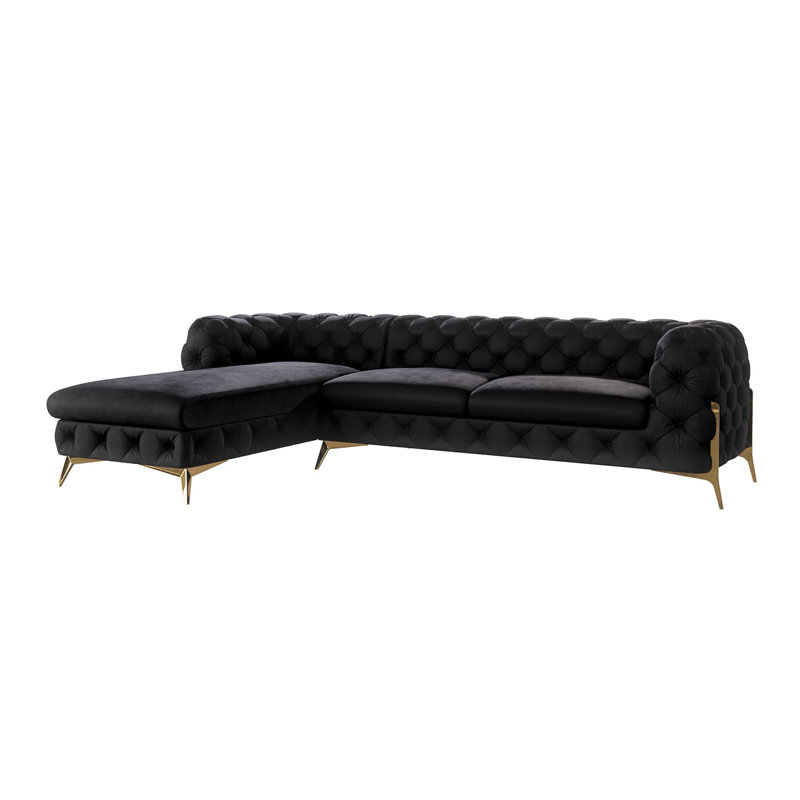 Chesterfield Corner Chaise Sofa  with Gold Metal Legs, Left Hand Facing, Black