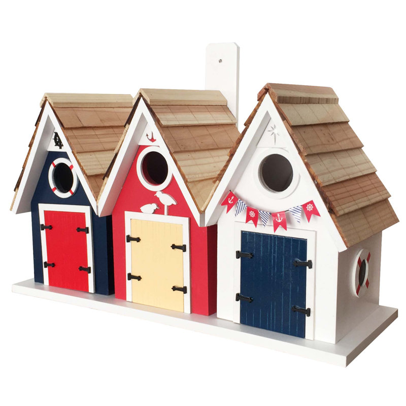 Nautical Red, Blue, and White Wooden Birdhouse Trio