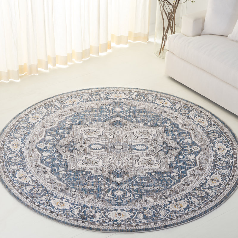 Clover Oriental Area Rug in Blue / Light Grey, Round 6'7"
