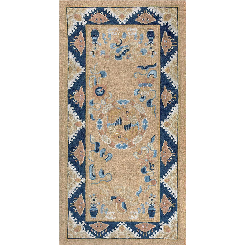 Neutral Cream Color Antique Chinese Koi Fish Medallion Peking Rug