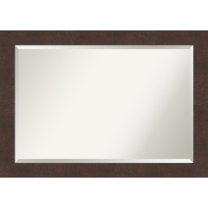 Woodgrain Walnut Brown Rectangular Bathroom Vanity Mirror with Silver Accents