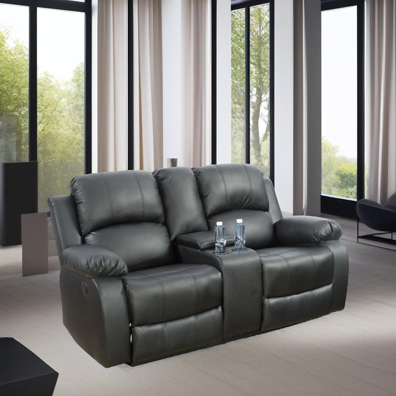 Kora Black Semi PU & PVC Manual Reclining Loveseat With Storage Console And Cup Holders, Black