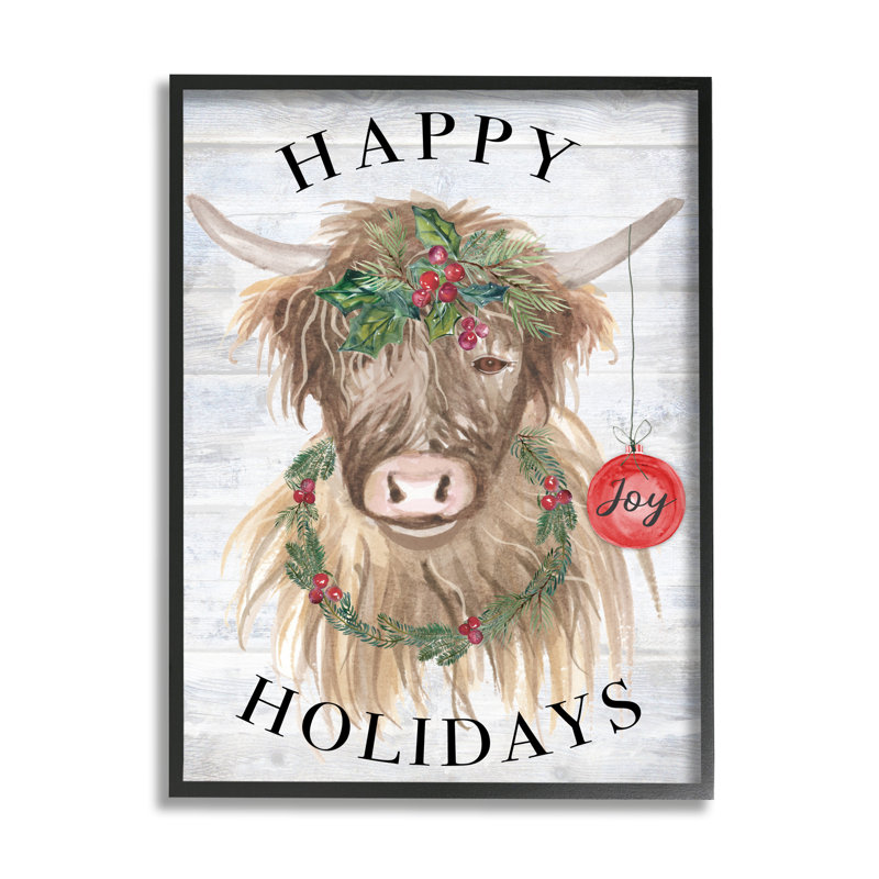 «Farmhouse Holiday Cow» par Corinne Haig, H 14 po x l 11 po x P 1,5 po, Giclée encadrée noir minuit