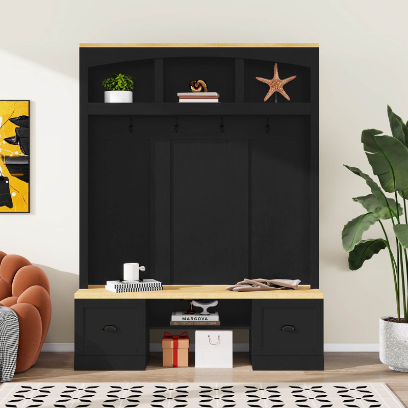 4-In-1 Hall Tree With Wood Grain Bench And Top, Coat Rack With Hooks And Shell Handles, Mudroom Bench With Adjustable Shelves