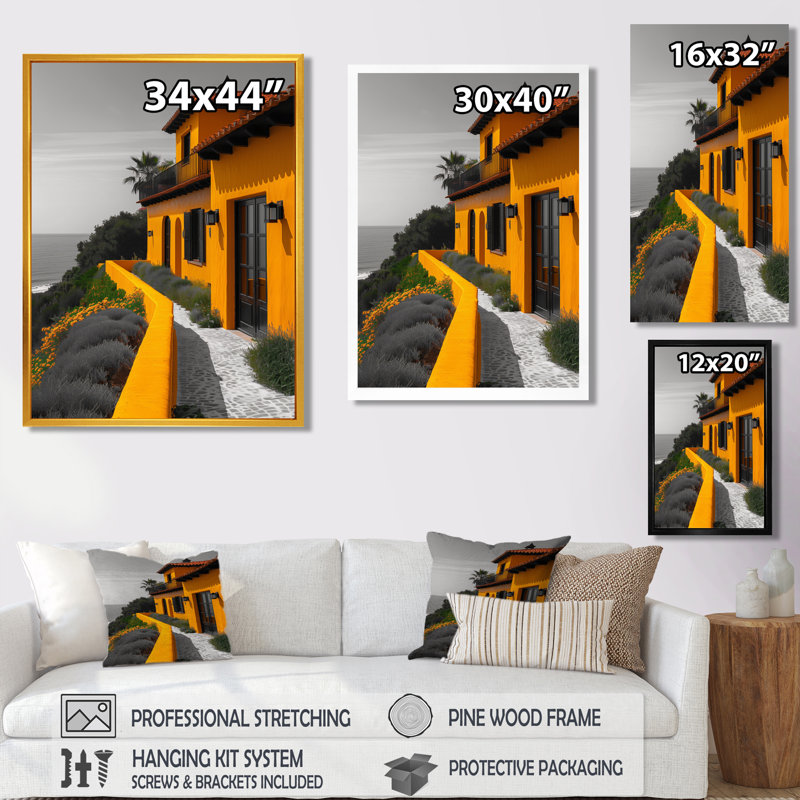 «Yellow Grey Summer Coastal Cove Hotel», art mural hôtels et loges, Cadre flottant blanc, H 24 po x l 32 po