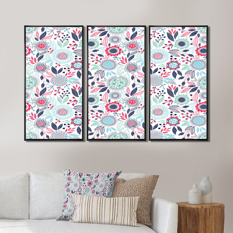 Fleurs rétro roses et bleues - ensemble de 3 reproductions d'art encadrées sur toile, H 32 po x l 48 po x P 1 po, Cadre noir