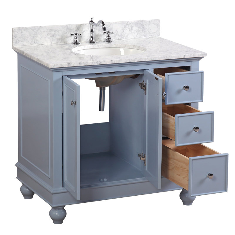 Ensemble de meuble-lavabo simple 36 po Ferdinand, Bleu poudré, Marbre de Carrare