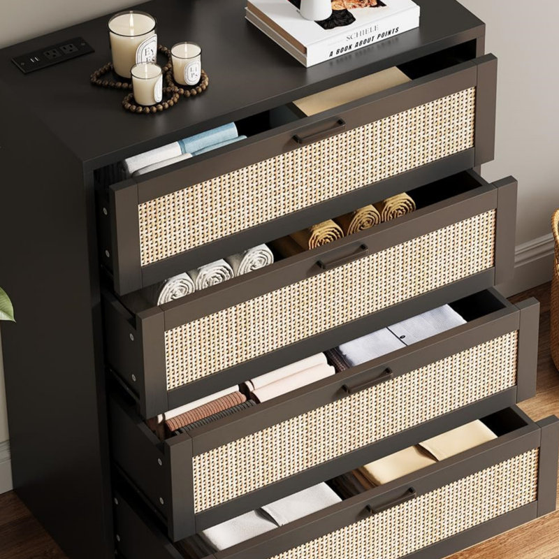 4 Drawer Dresser, Rattan Dresser With Power Outlets, Oak Natural