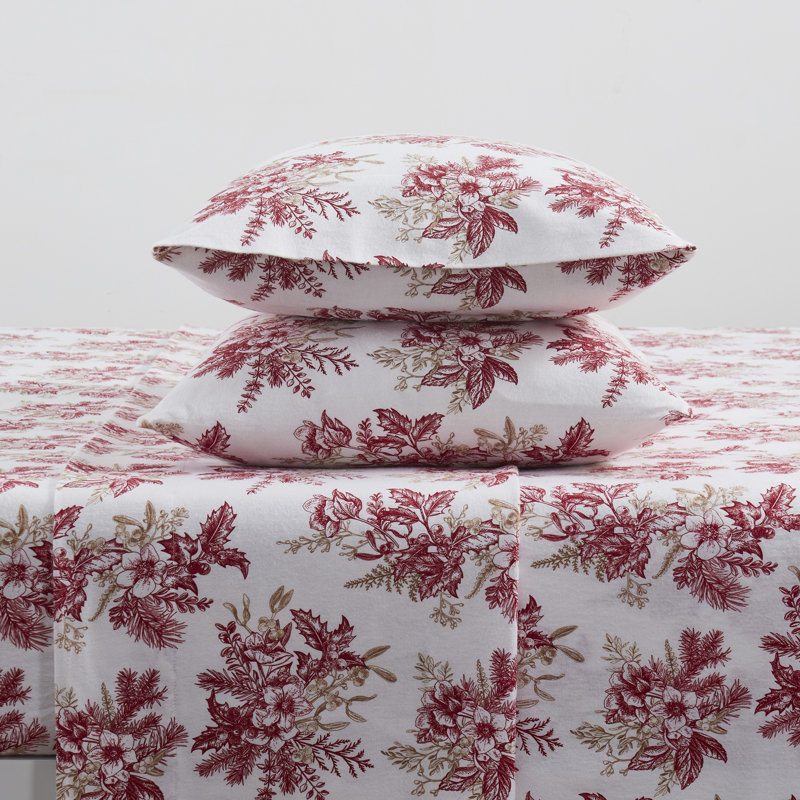 Full Red Floral Cotton Flannel Sheet Set
