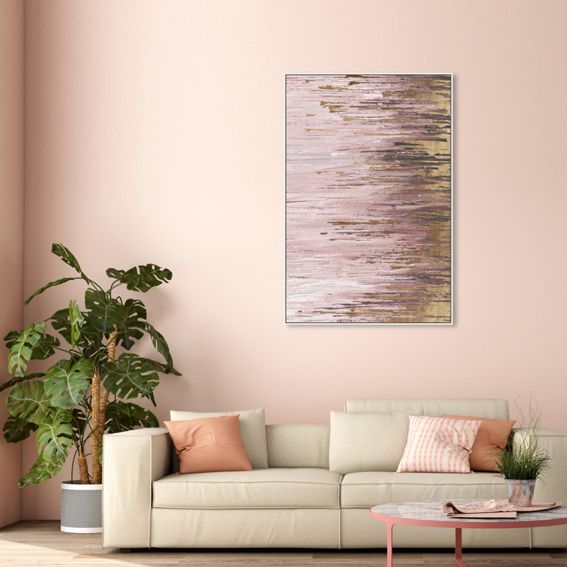 «Blush Rains Duet I», peinture sur toile, H 54 po x l 36 po, Toile blanche encadrée