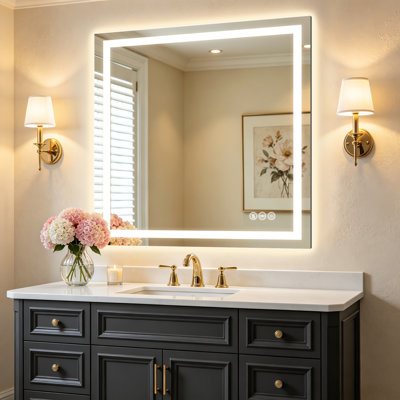 Super Bright LED Bathroom Mirror with Front&Back Lighting,Anti-Fog, Tempered Glass, 3-Colors, Dimmable Brightness, with ETL/UL