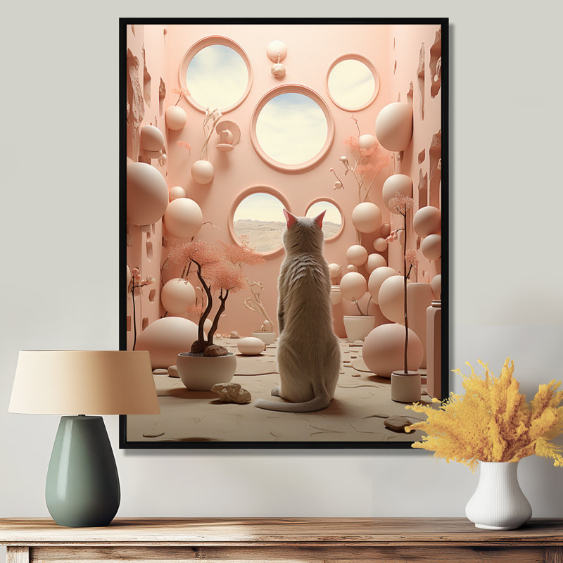 Chat blanc, intérieur futuriste rose, chat, art mural, salon, Toile avec cadre flottant noir, H 40 po x l 30 po x P 1,5 po